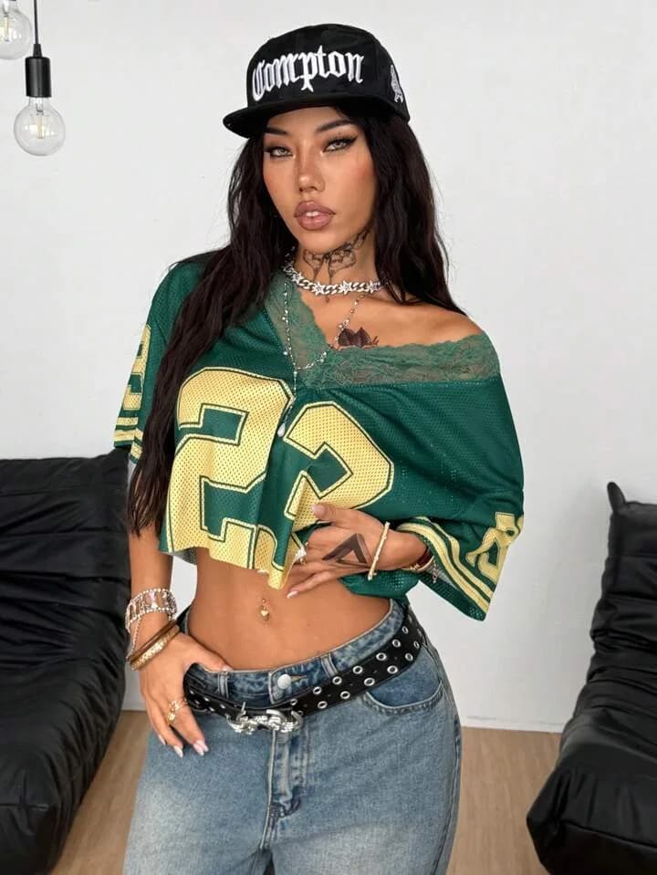 Green and Yellow Lace Trim Mesh Crop Top Jersey