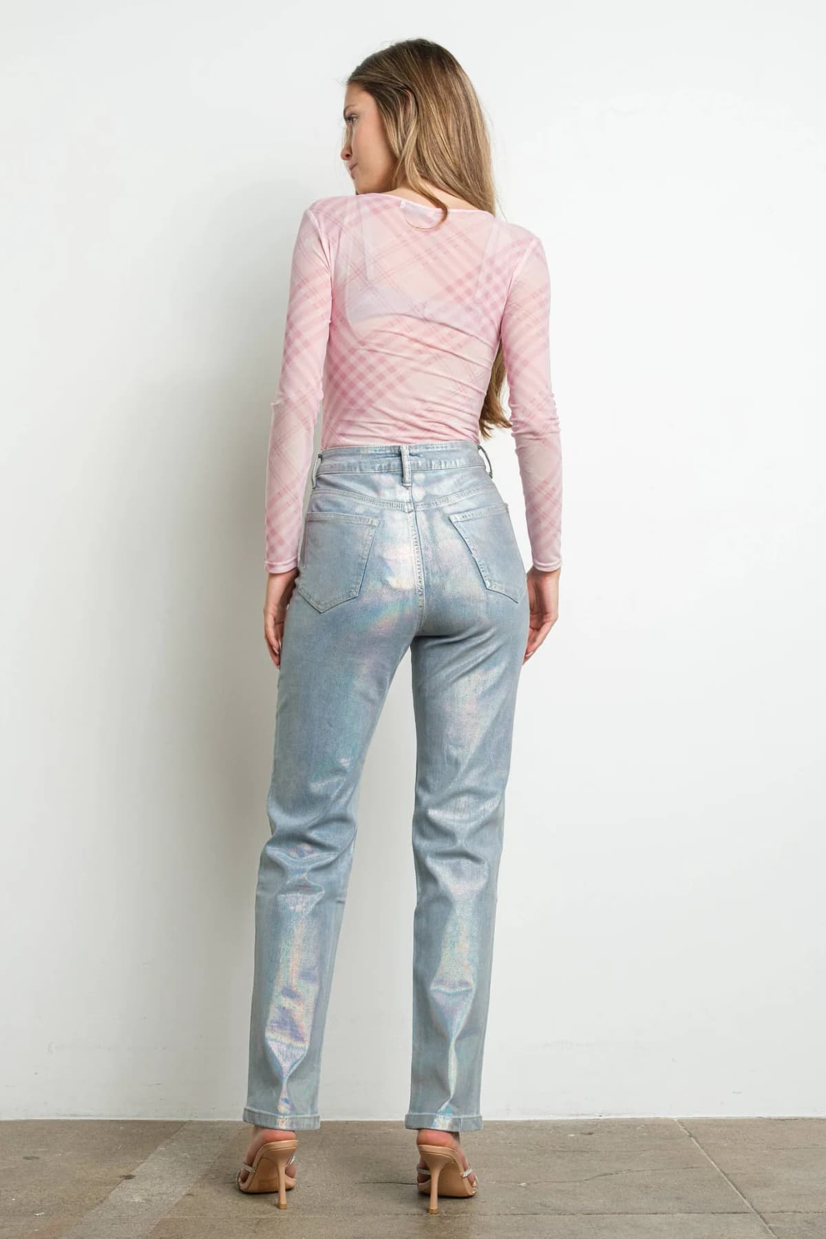 Plaid Print Long Sleeve Bodysuit (Beige)