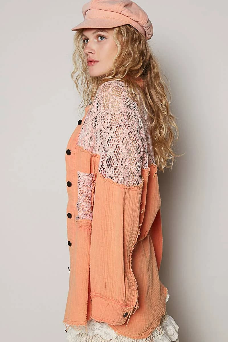 Oversize Contrast Open Knit Panel Detail Button Down Shirt (Magenta)