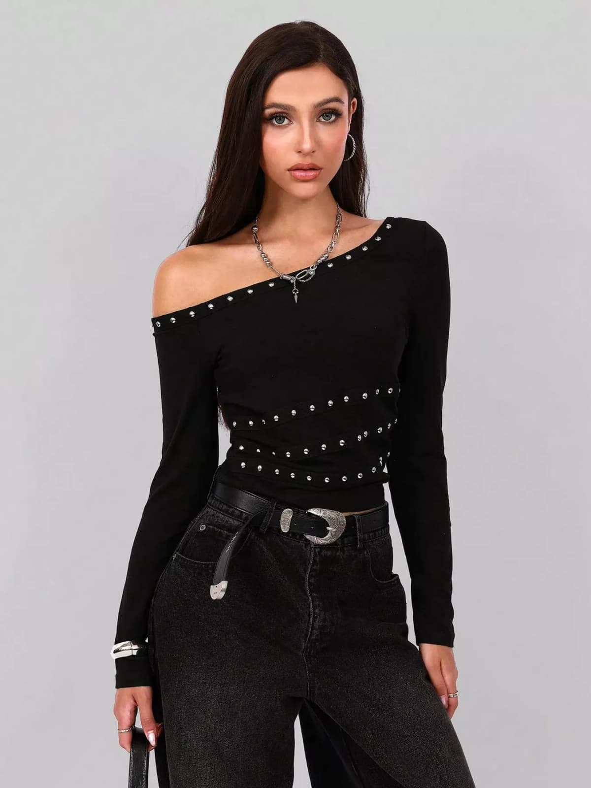 Studded One Shoulder Long Sleeve T-Shirt