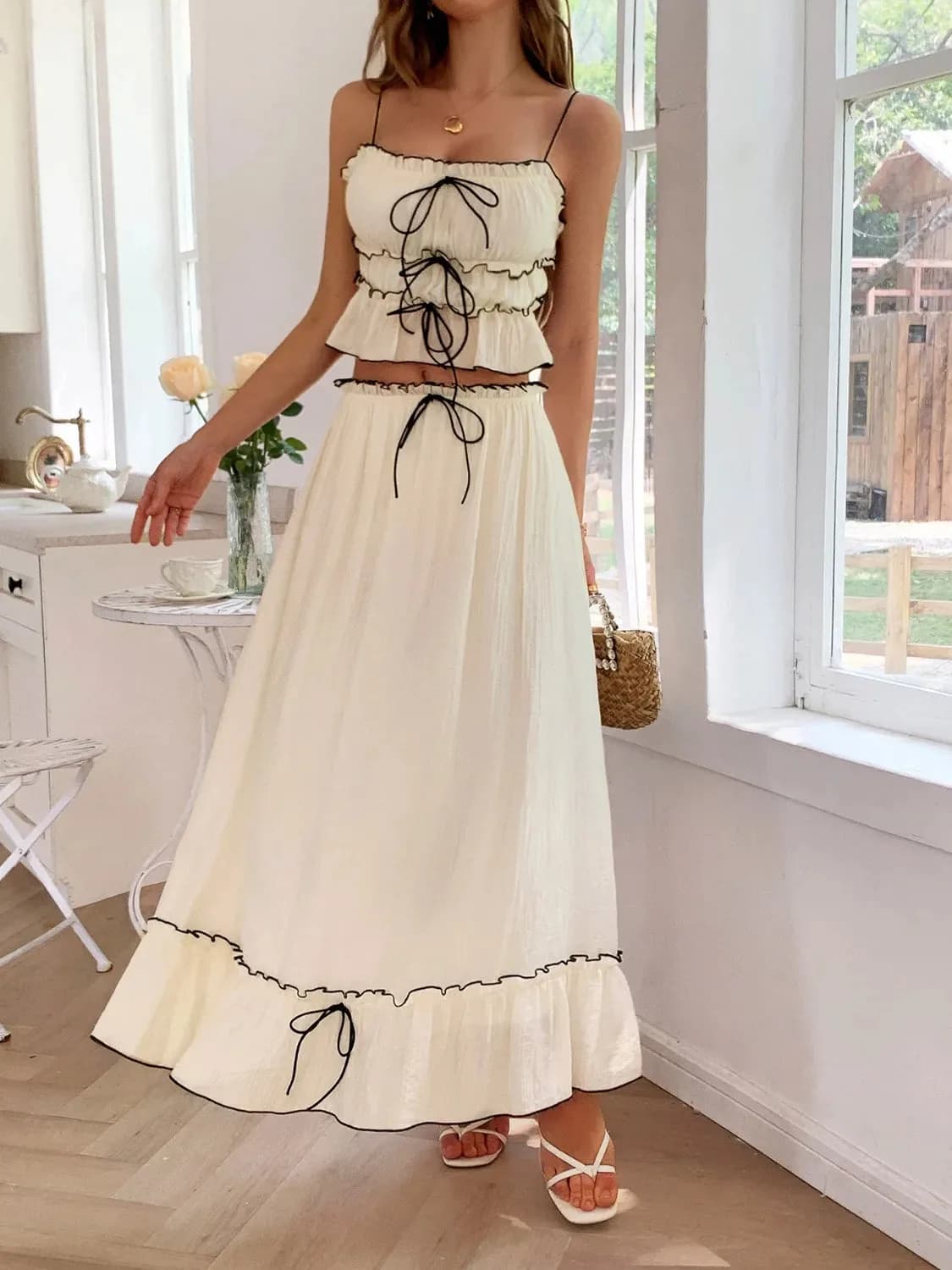 Frill Square Neck Cami and Skirt Set In Multiple Colors