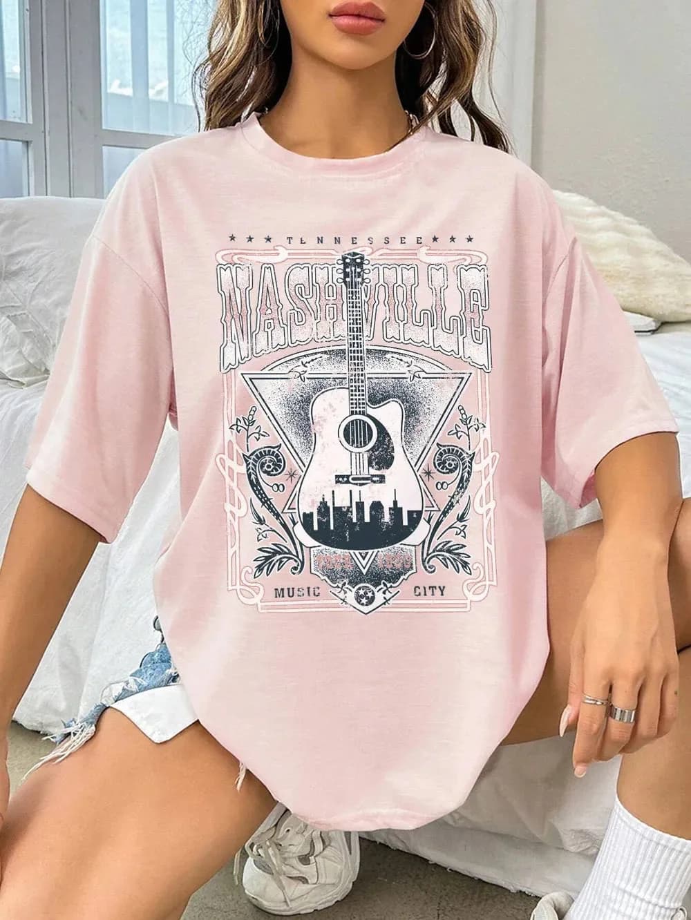 Nashville Guitar Graphic Round Neck Half Sleeve T-Shirt in Multiple Colors