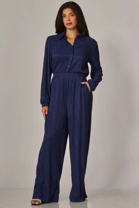 Crinkled Plisse Button Up Casual Jumpsuit