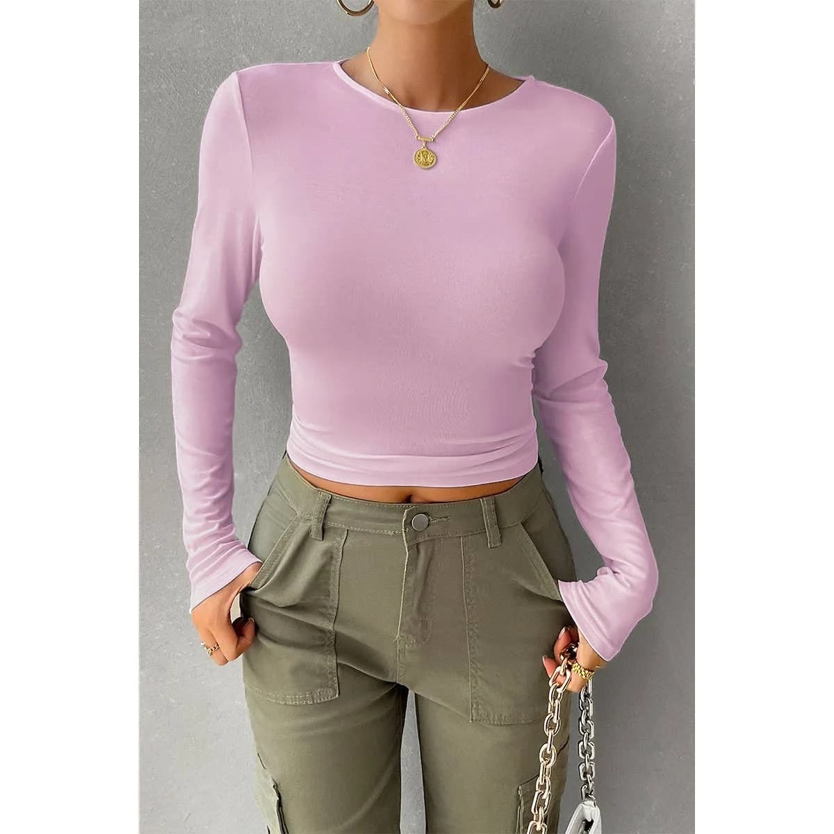 Round Neck Solid Long Sleeves Elastic Fit Top (Pink)