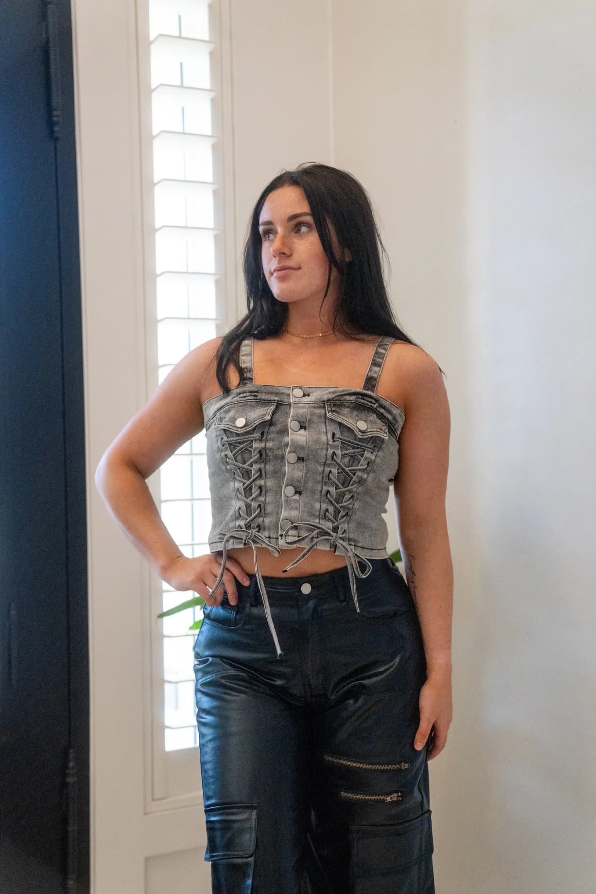 Denim Button Down Lace Up Detail Smocked Back Crop Top