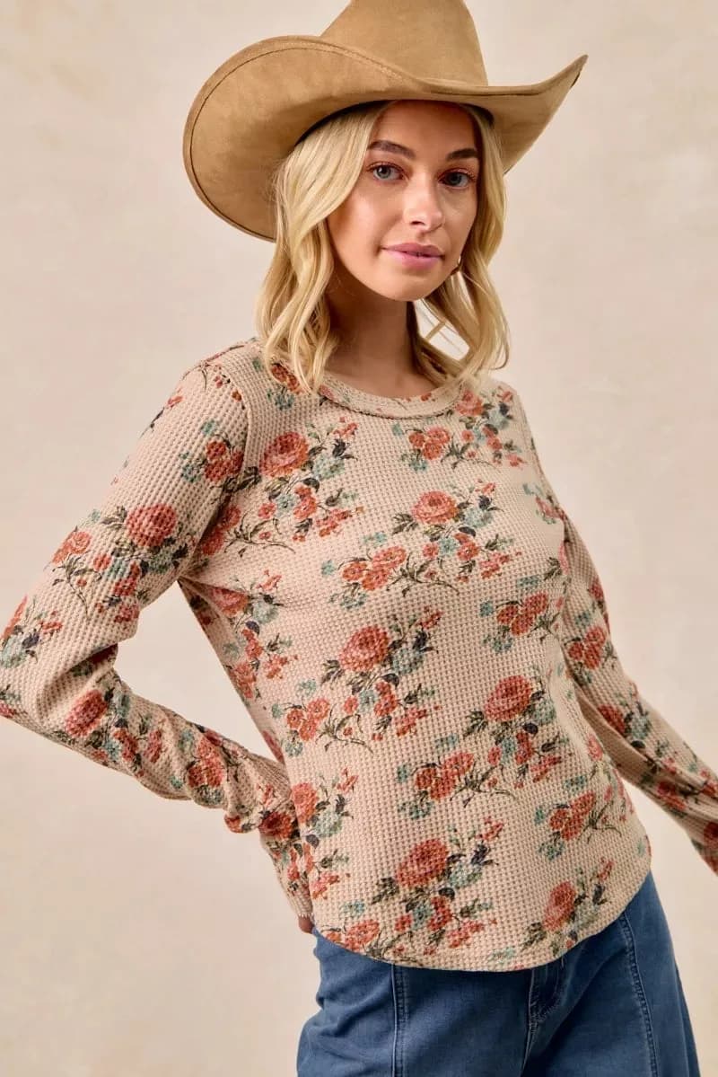 BiBi Floral Print Washed Waffle Thermal Top with Thumb