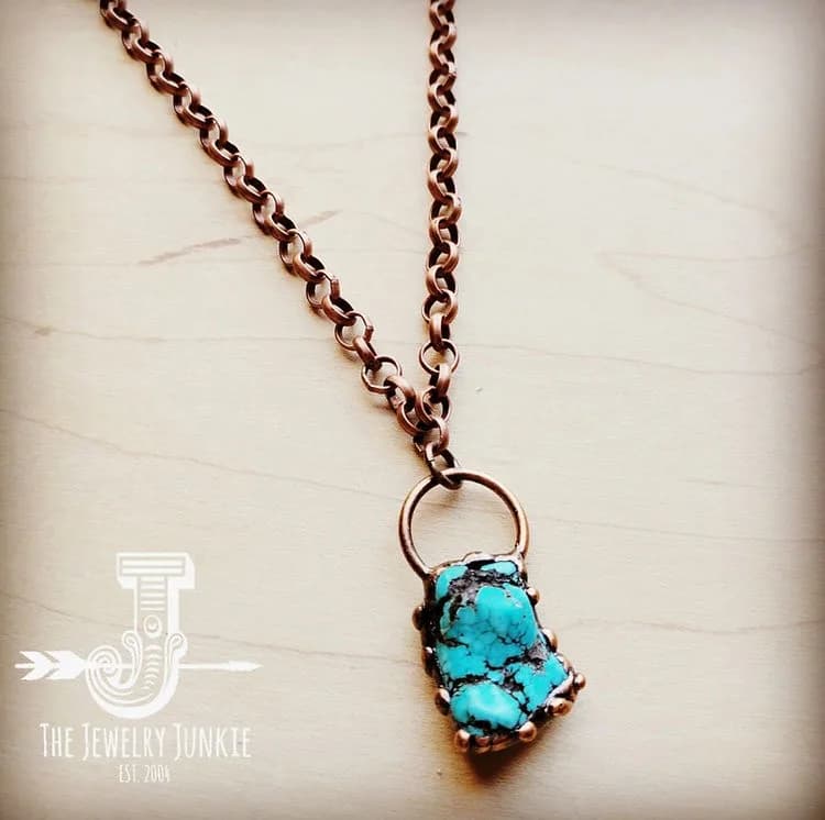 Long Copper Necklace w Turquoise and Copper Pendant by Jewelry Junkie