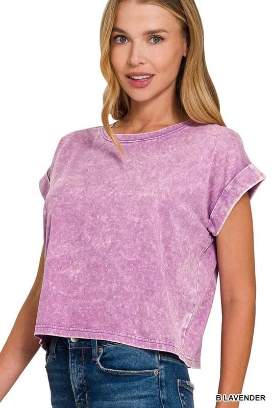 Acid Wash Cotton Folded Sleeve Top Zenana