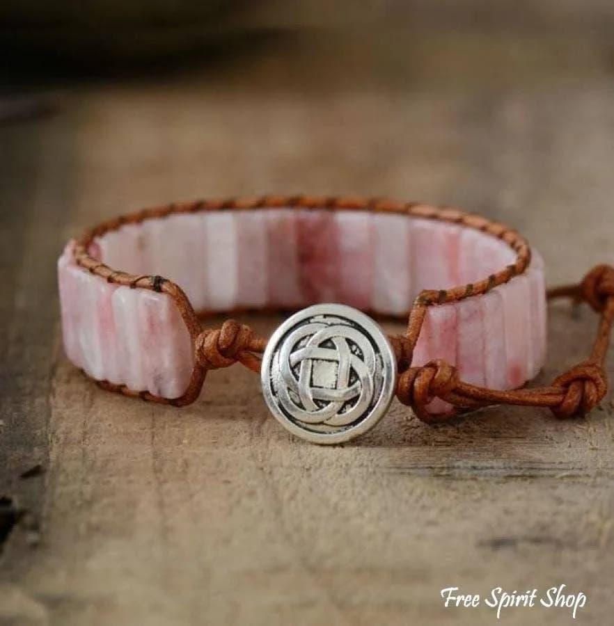 Natural Pink Opal Stone Leather Wrap Bracelet