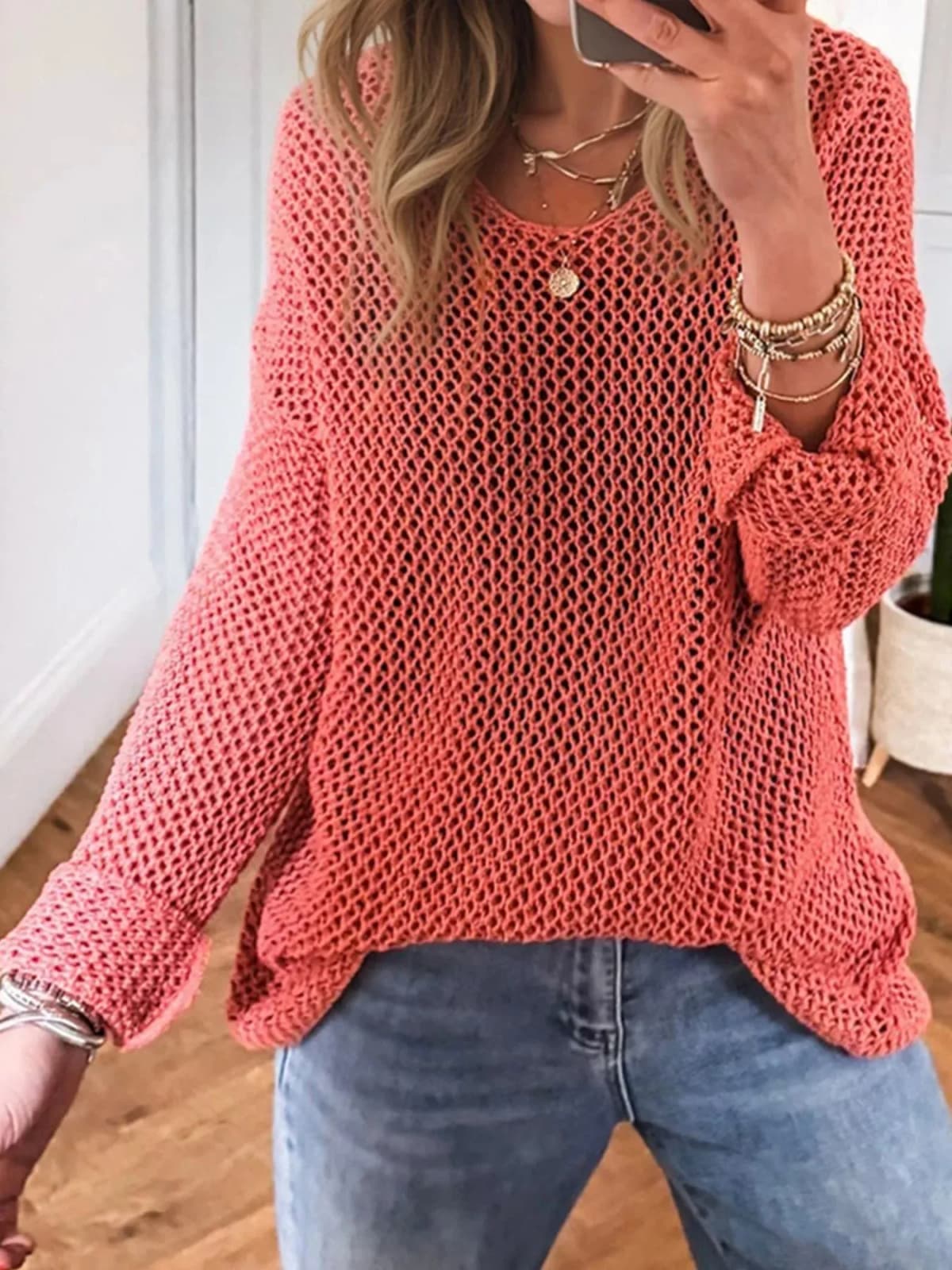 Crochet Hollow Out Long Sleeve Knit Top