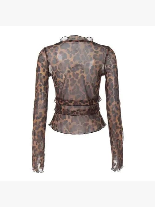 Leopard Print Mesh ruffled top