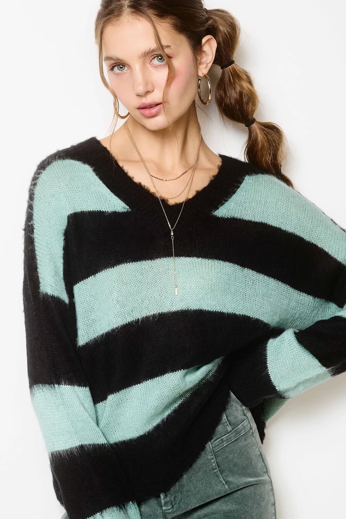 Oversized Fuzzy Soft Stripe V-neck Knit Sweater
