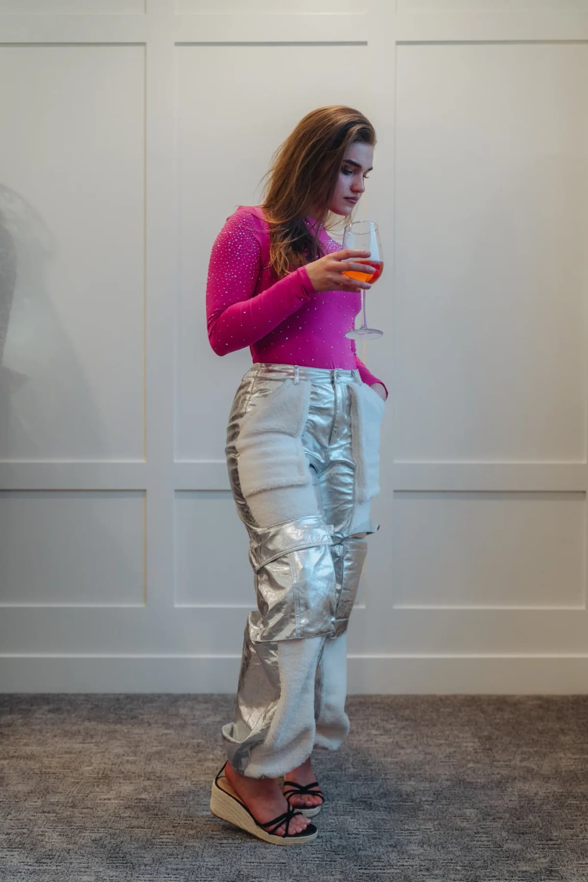 Monica Metallic Faux Leather Sherpa Cargo Pants by Hot and Delicious