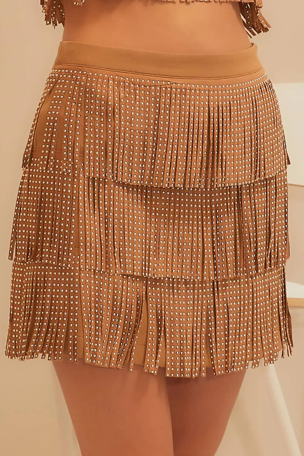 Fringe Rhinestone Suede Mini Skirt