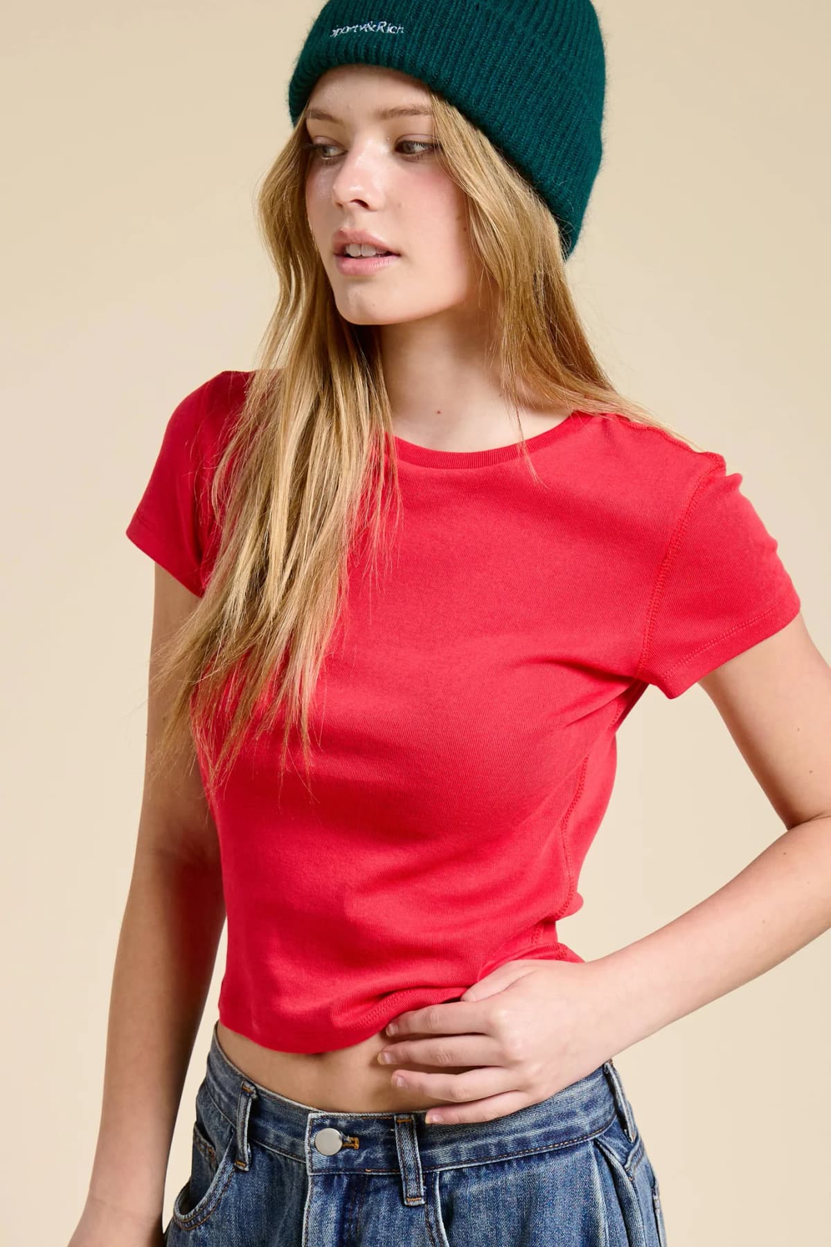 Red Basic Short Sleeve Baby Tee Knit Top