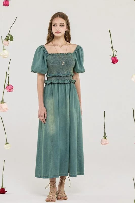 Denim Off Shoulder Puff Sleeves Smocked Dress