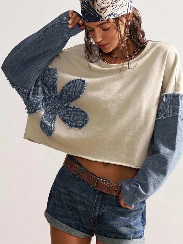 Flower Detail Sleeve Crop Shirt