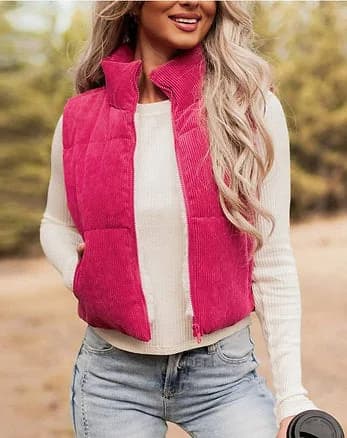 Corduroy Stand Collar Cropped Shoulder Vest Hiddenbrand (Pink)