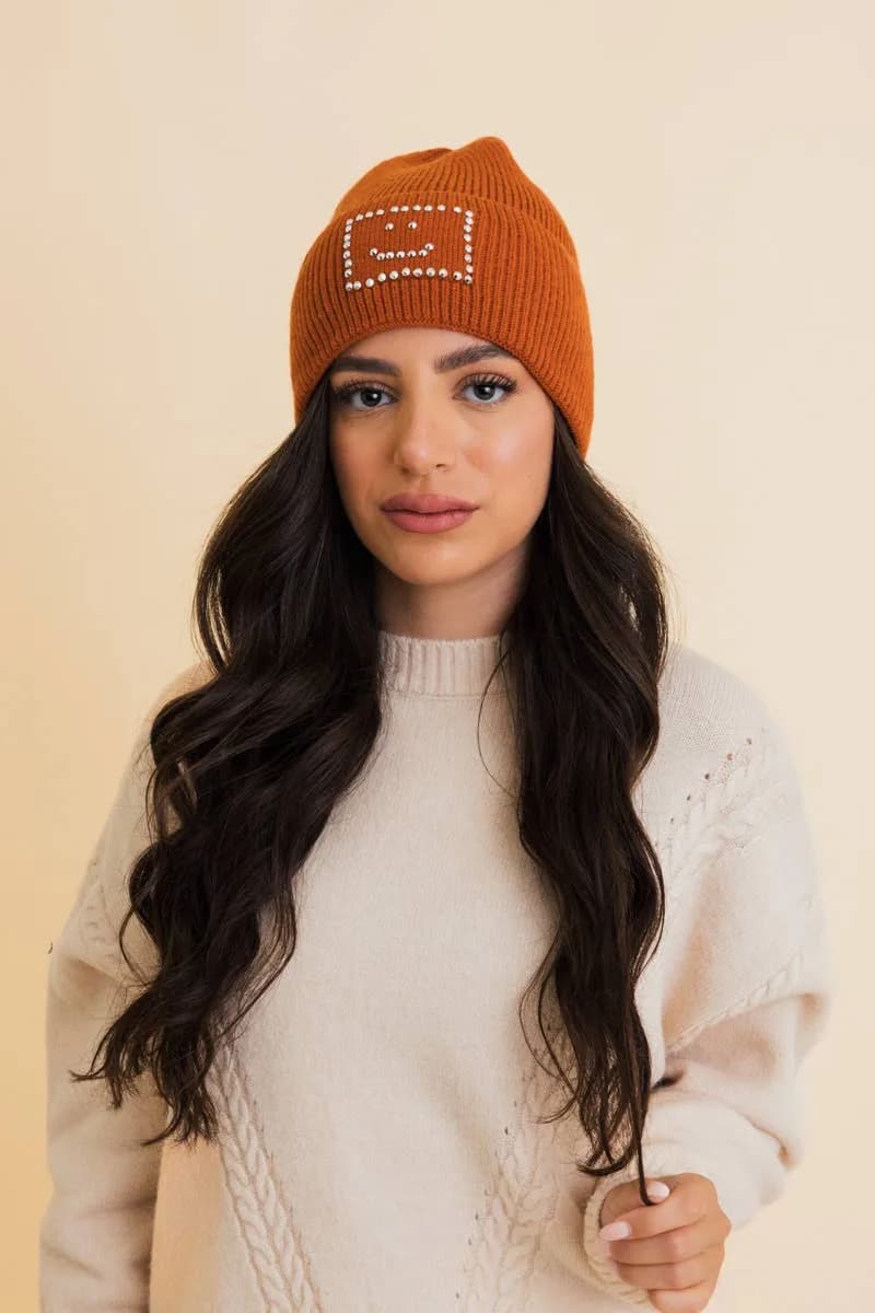 Square Embroidered Happy Fun Ribbed Beanie