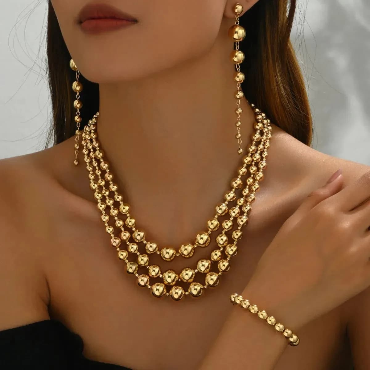 18K Stainless Steel Beaded Multi-Layered Necklace Bracelet Earrings Jewelry Set