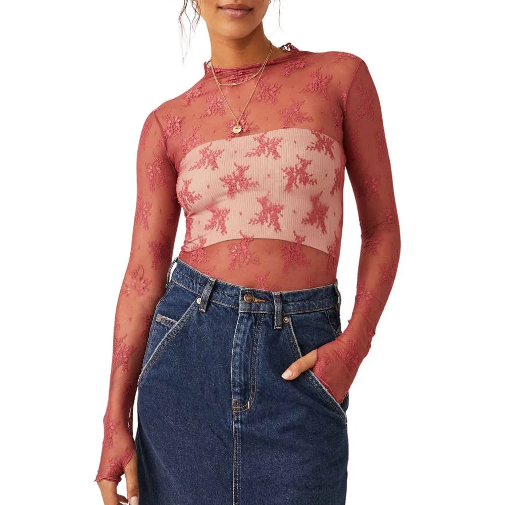 Sheer Lace Top Shirt Rosa Clothing (Mauve)