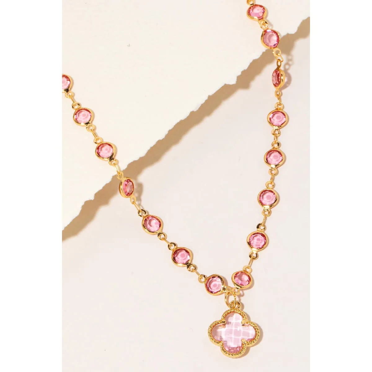 Pink Rhinestone Clover And Chain Pendant Necklace Anarchy Street