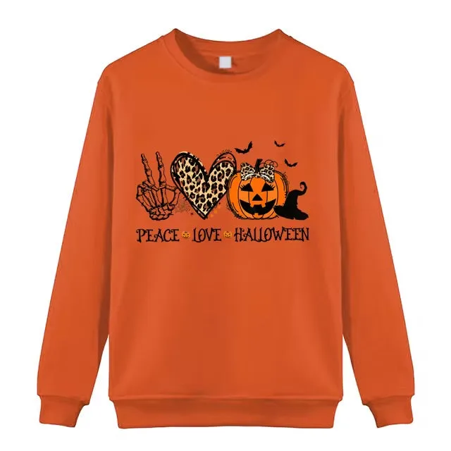 Peace Love Halloween Leopard Heart Sweatshirt Warm Pullover
