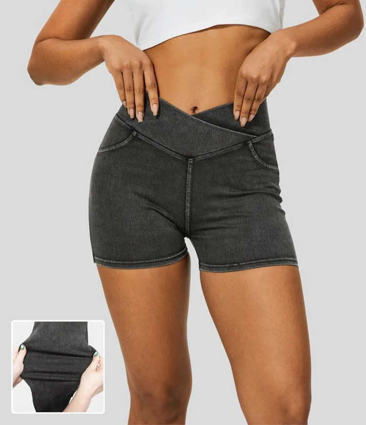 High Waisted Crossover Back Side Pocket Stretchy Knit Denim Casual Shorts (Grey)