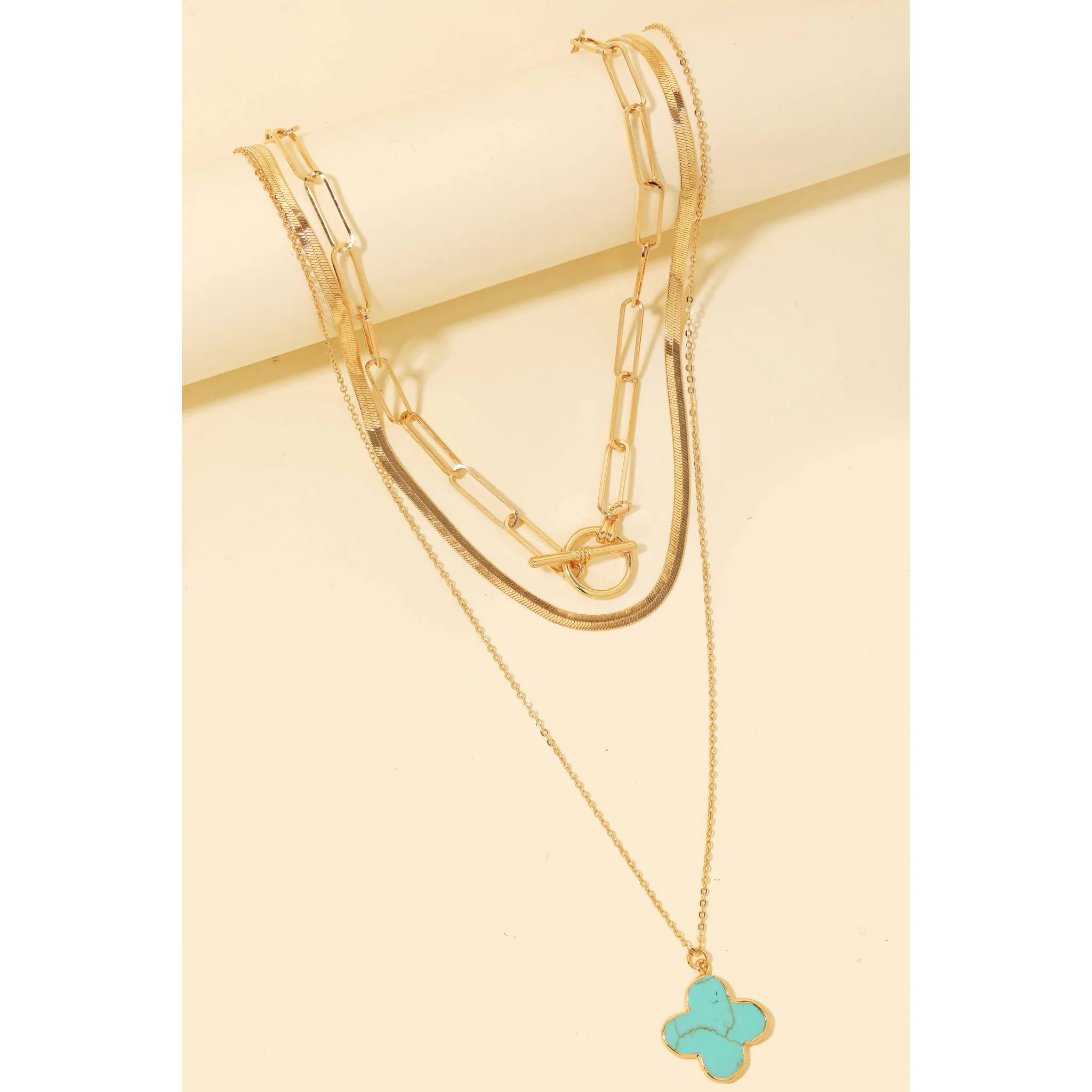 3 pcs. Semi Precious Stone Clover Pendant Necklace Anarchy Street (Turquoise)