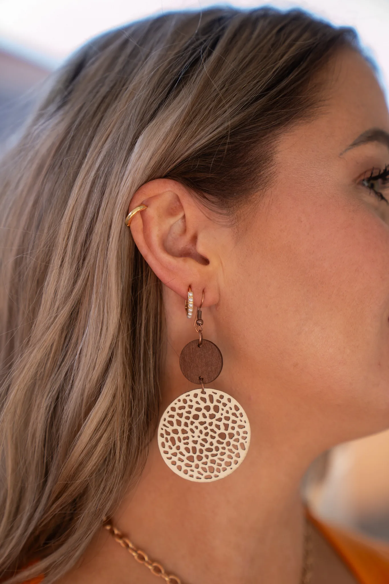 Hollow Out Wooden Round Drop Earrings Our Home to Yours Candles & Gifts (Beige)