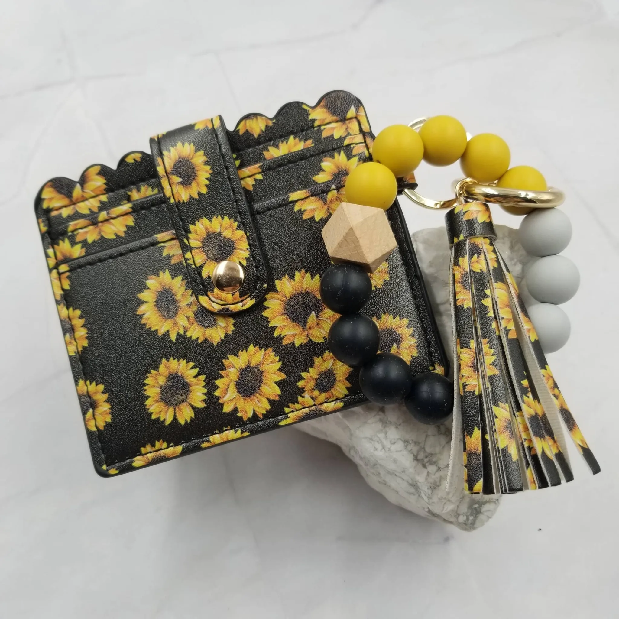 Silicone Bead Bangle Keychain Bracelet Card Holder (Sunflower)