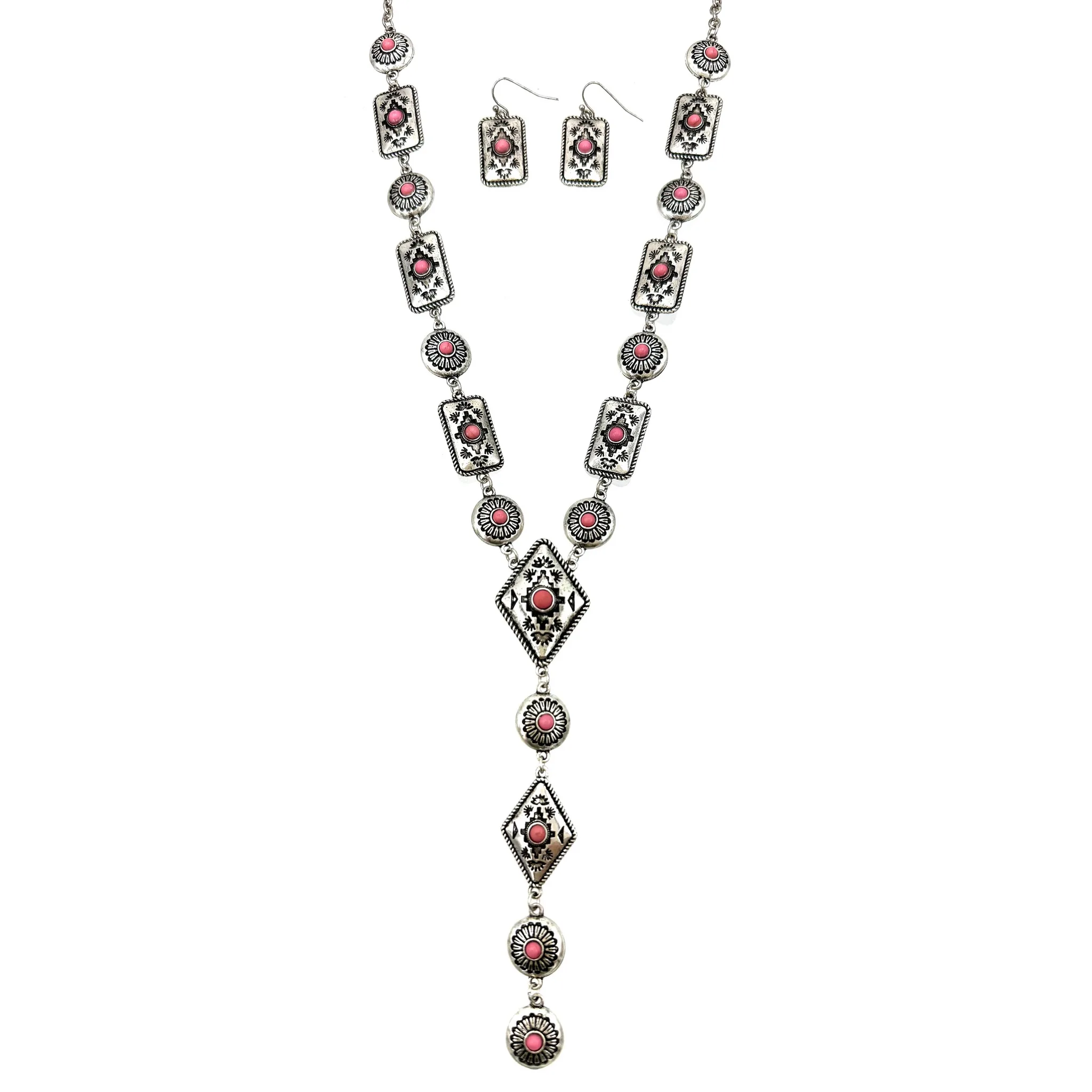 Pink Native Navajo Diamond Tie Necklace Earrings Set Lunar Deer
