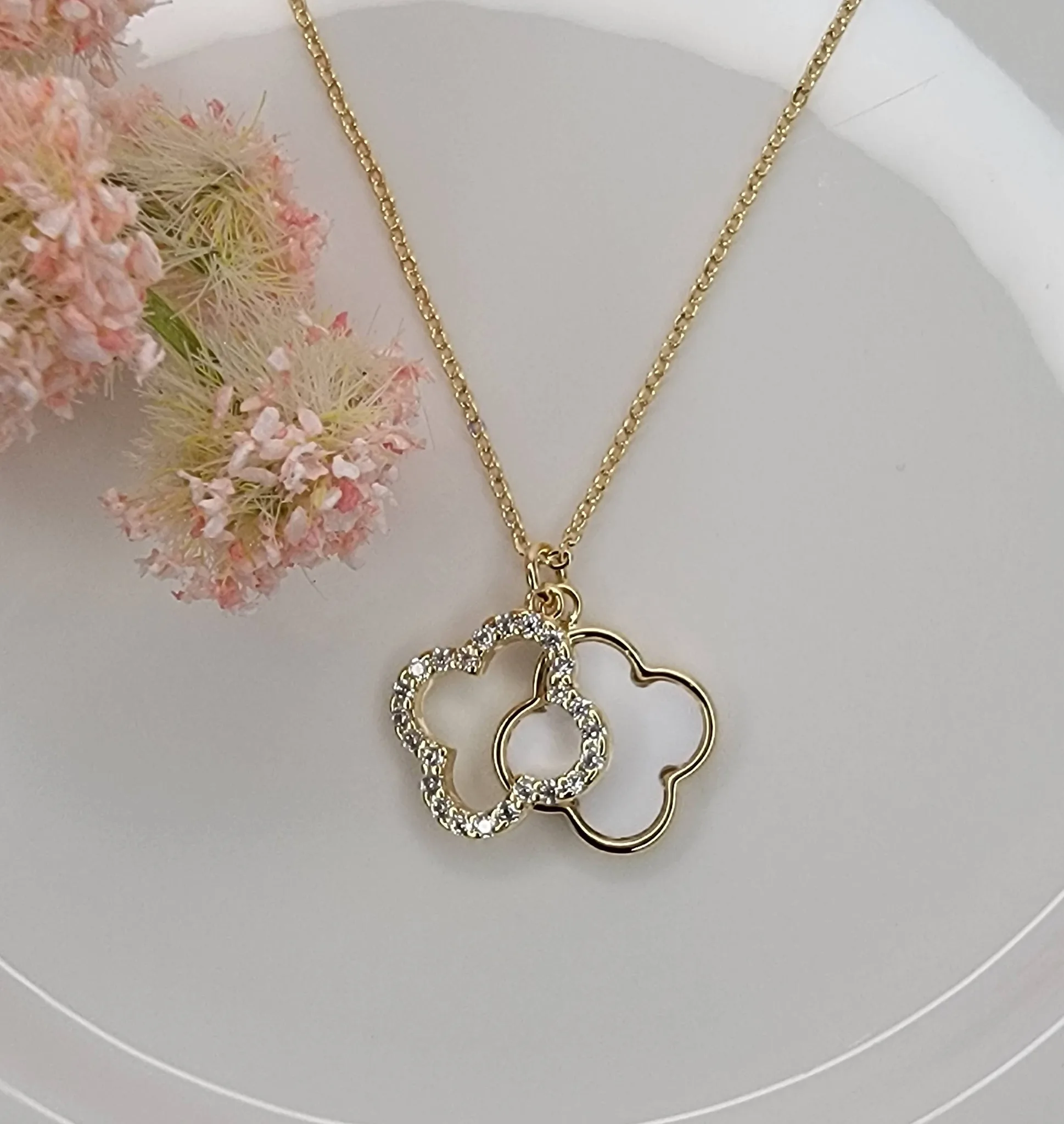 Double Layered Four Leaf Clover Necklace Crystal Works by Betty Oh (White)