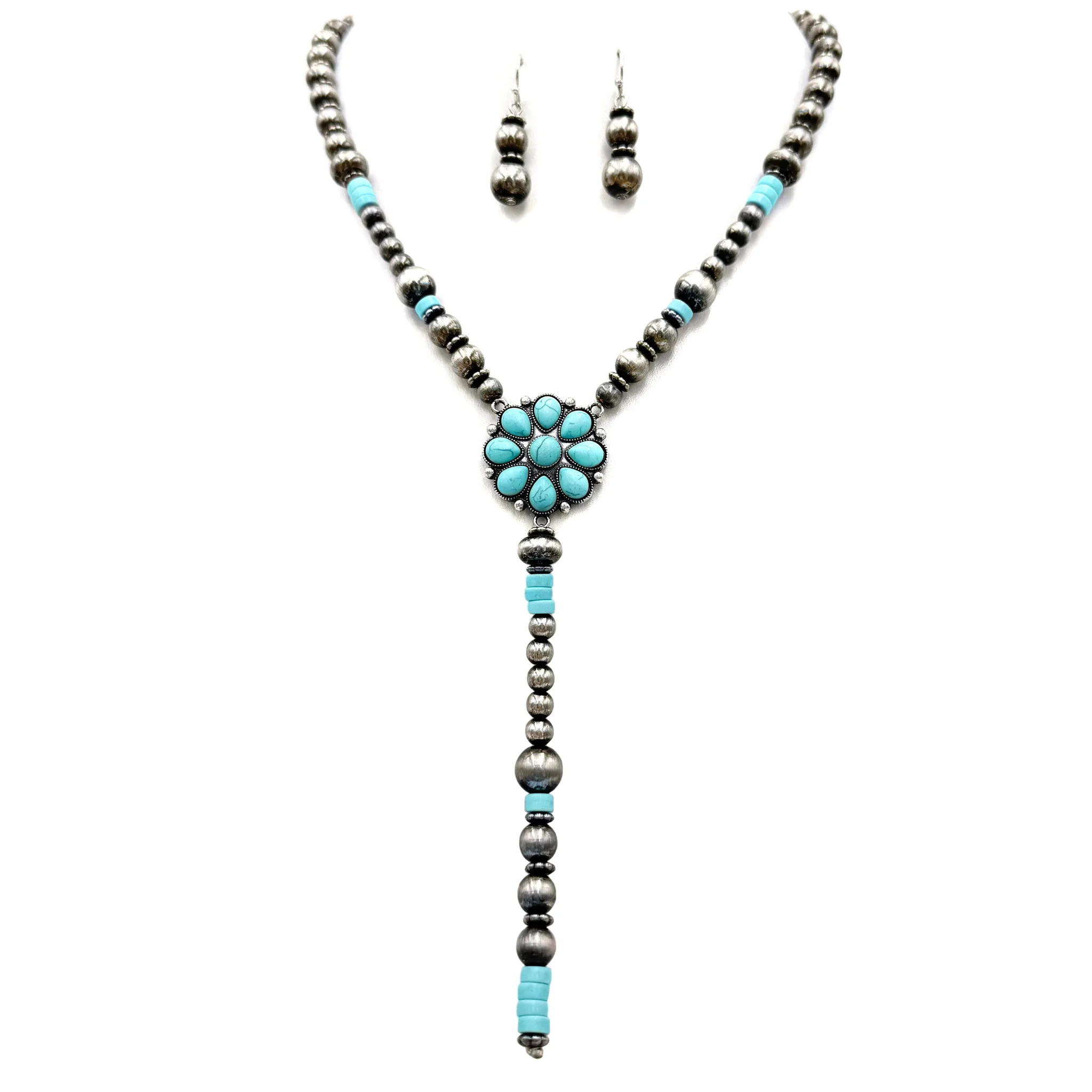 Turquoise Flower Navajo Style Tie Necklace Earrings Set Lunar Deer