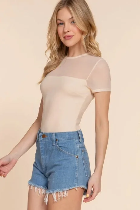 Short Sleeve Crew Neck Mesh Bodysuit Apolline (Cream)