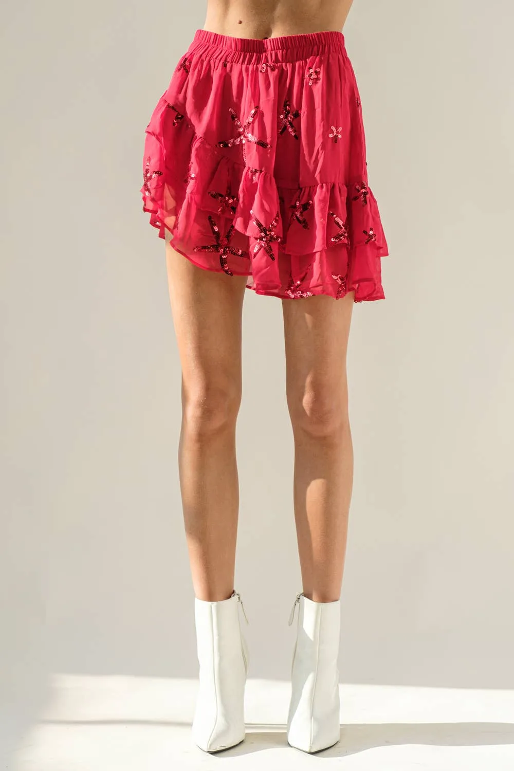 Chiffon Star Sequin Print Asymmetrical Skirt Blue B