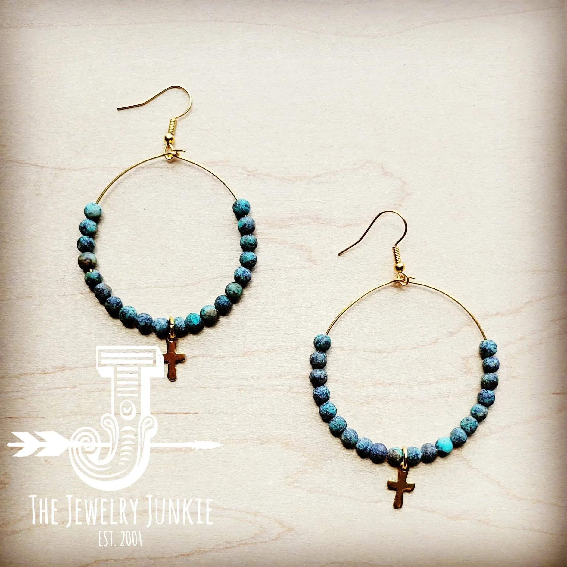 Beaded Hoop Earrings African Turquoise with Cross Dangle
