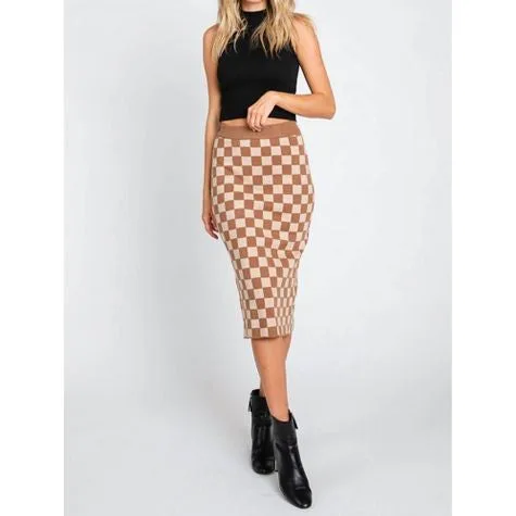 Brown Checkered Print Midi Skirt Polagram by Wellmade