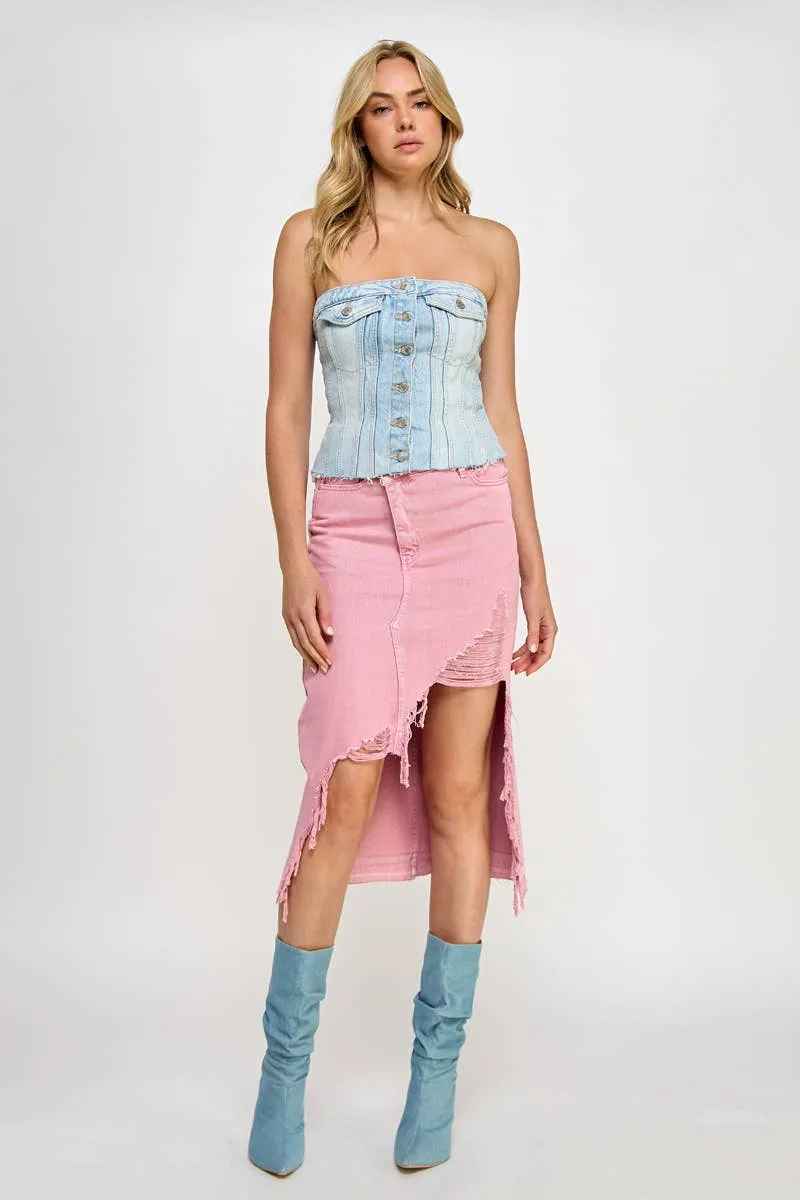 Blush Crossover Denim Distressed Skirt by Insane Gene