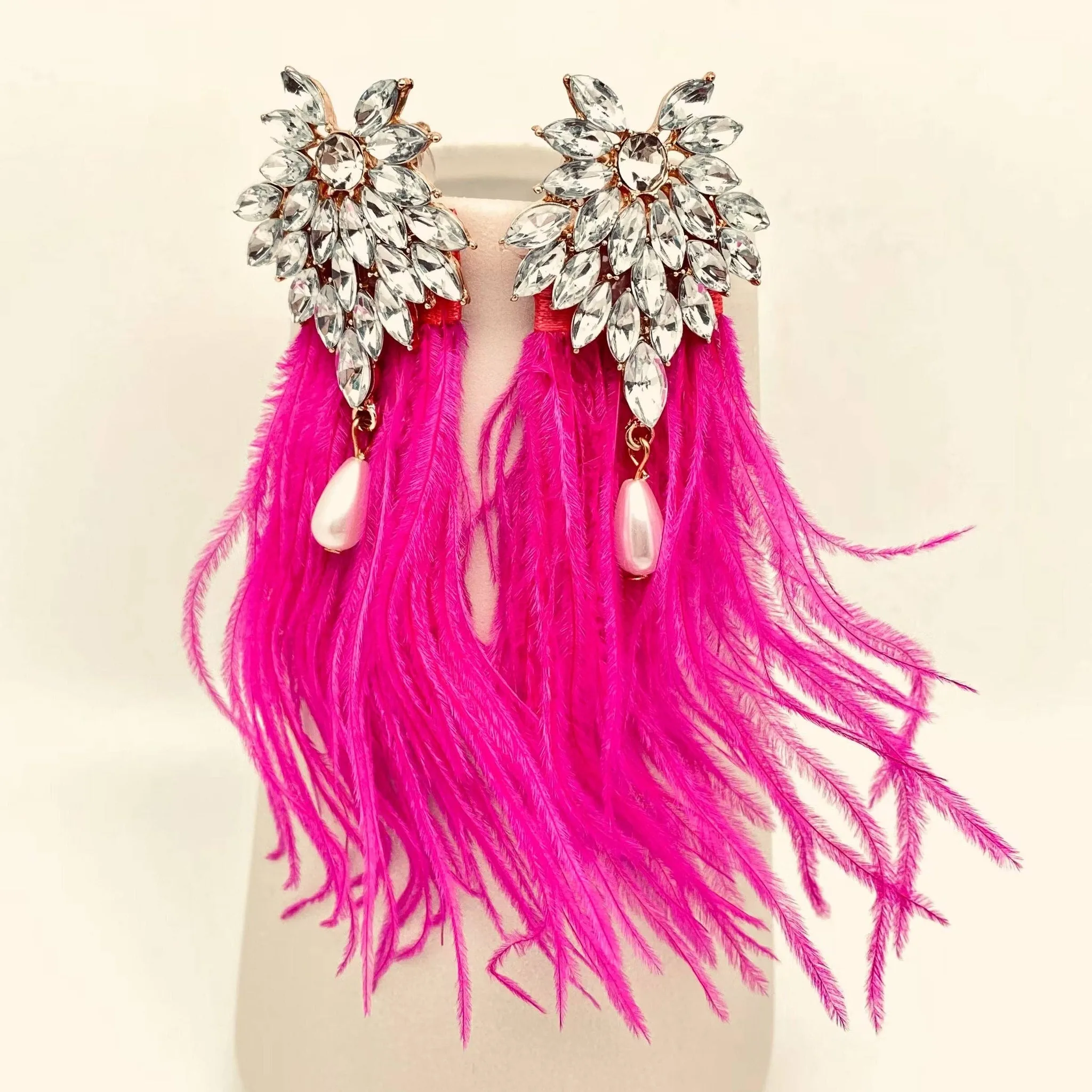 Fuchsia Feather Rhinestone Stud Earrings Mio Queena