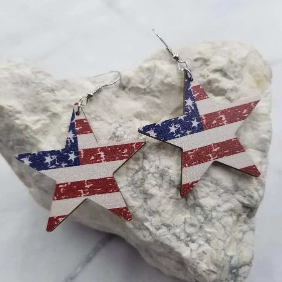 Wood Patriotic Stars Earrings The Pretty Jewellery