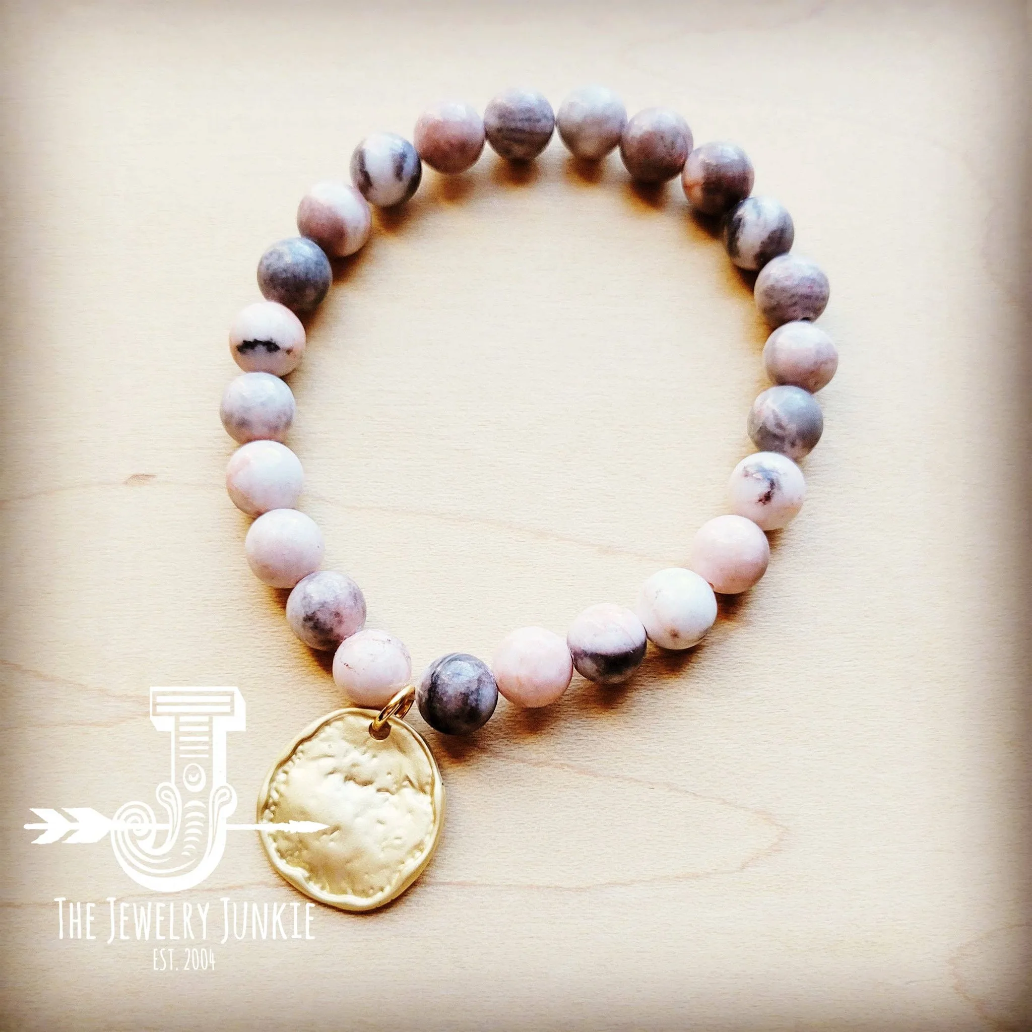 Zebra Jasper Beaded Stretch Bracelet with Matte Gold Dangle