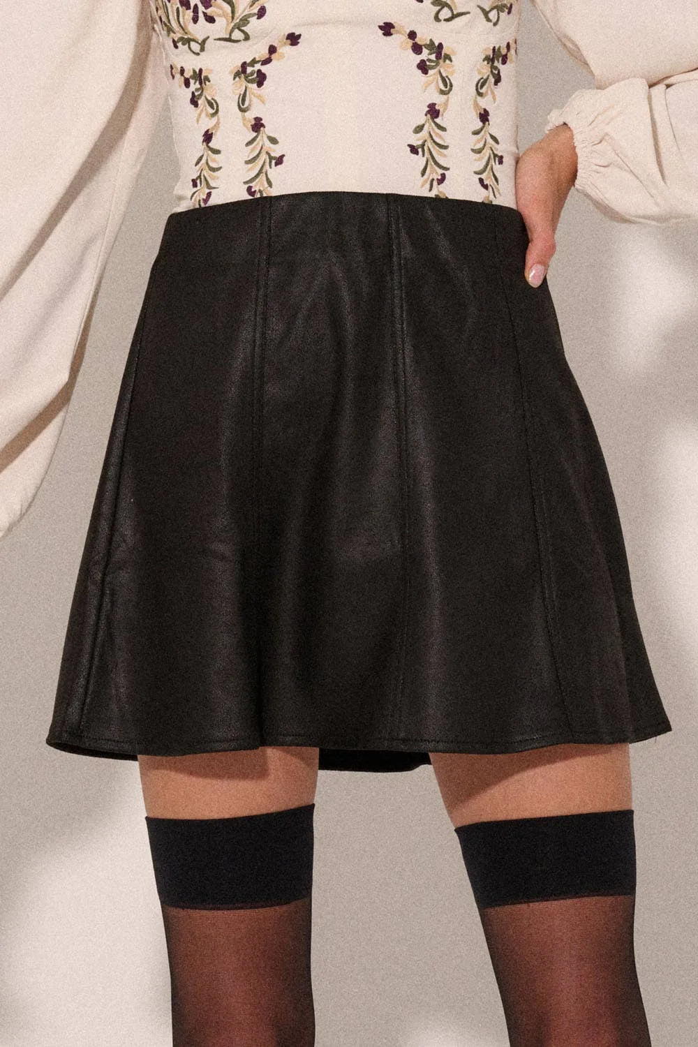 Faux Leather Panel Elastic Waist ALine Mini Skirt Promesa