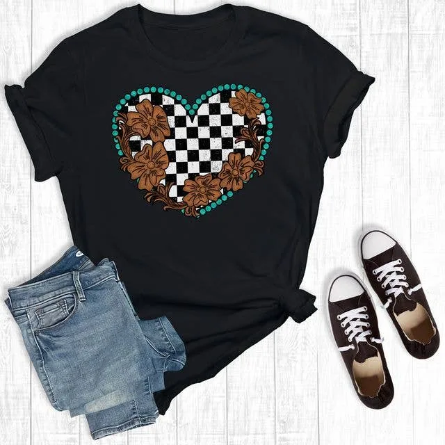 Western Turquoise Checkered Heart Black Graphic T Shirt