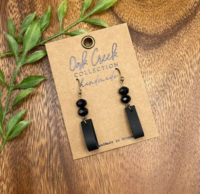 Black Bead w Small Black Leather Loop Earring 1 1/2” Oak Creek Collection Handmade