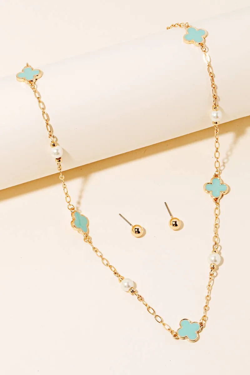 Clover and Pearl Station Charms Chain Necklace Set Anarchy Street (Turquoise)