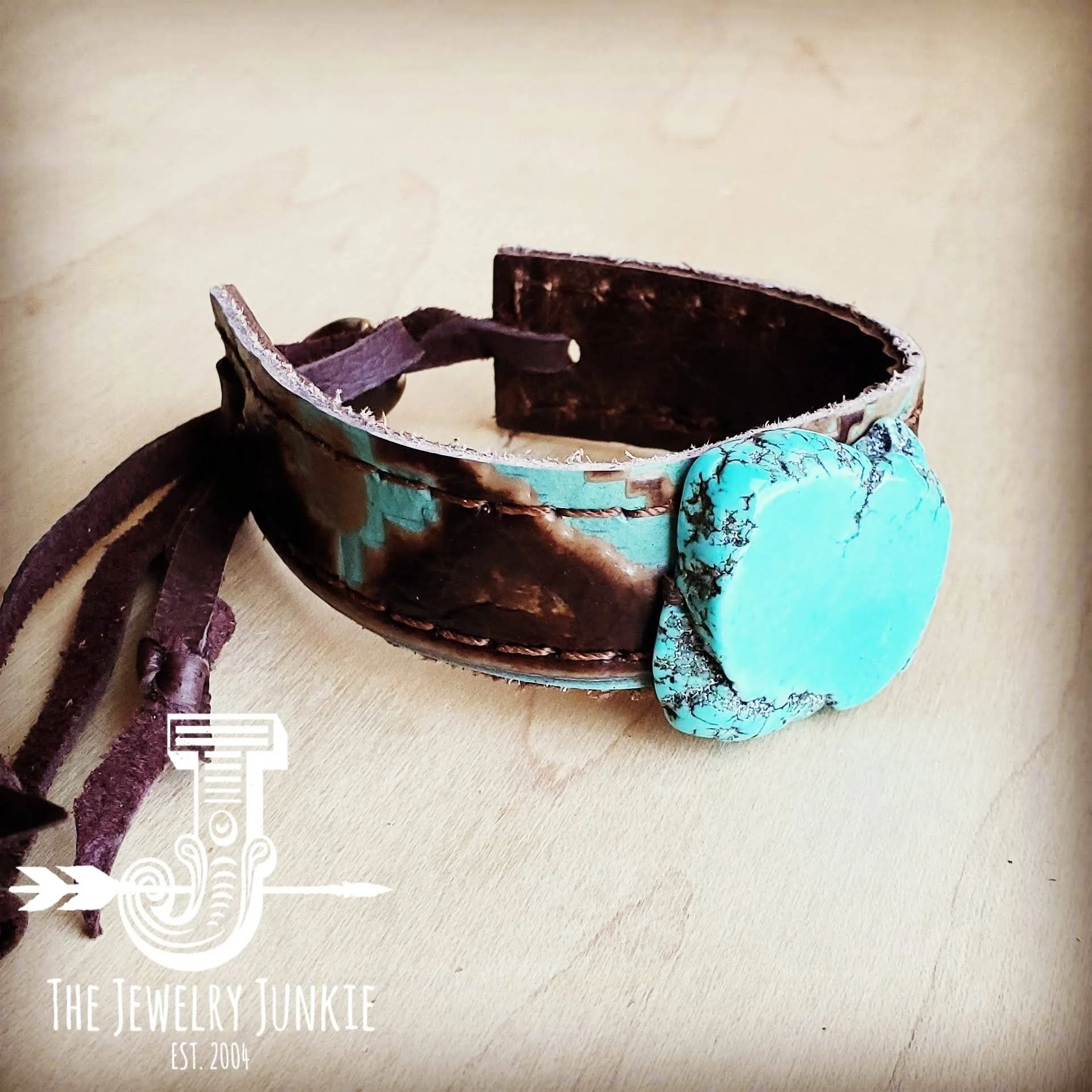 Narrow Leather Cuff w Turquoise Slab Turquoise Navajo The Jewelry Junkie