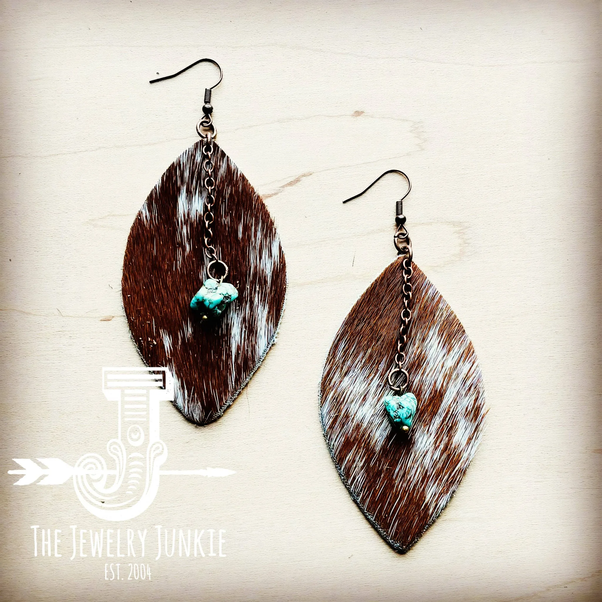 Leather Oval Turquoise Drop in Speckled Hair on Hide