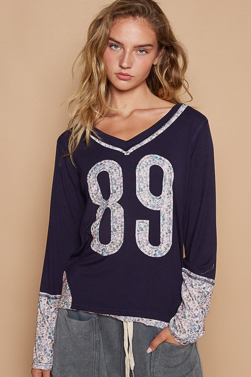 POL V Neck Long Sleeve Floral Number Patch T Shirt