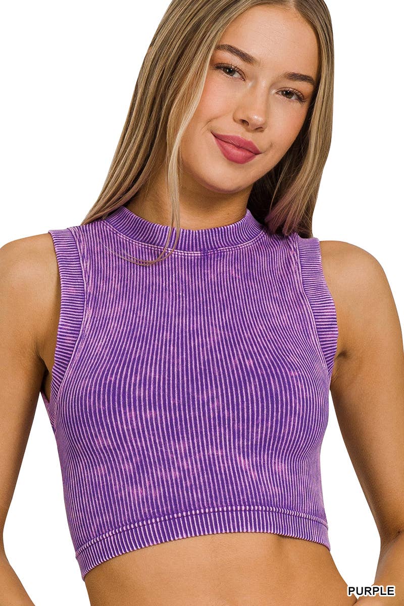 Stone Washed Ribbed Seamless Crop Tank Top- Zenana